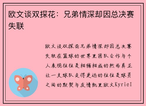 欧文谈双探花：兄弟情深却因总决赛失联