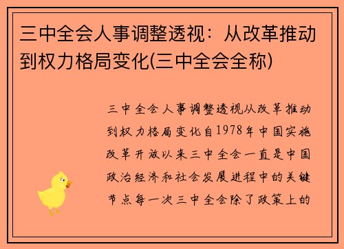 三中全会人事调整透视：从改革推动到权力格局变化(三中全会全称)